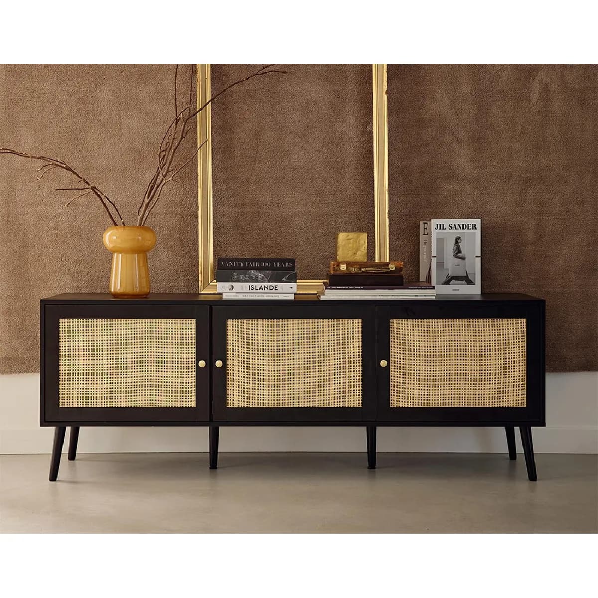 Bestmobilier Meuble TV Goto - noir et cannage