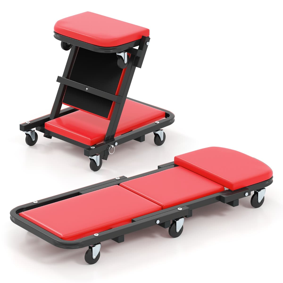 CostwayChariot de Visite Pliable Tabouret d'Atelier Convertible avec Siège Rembourré 6 roulettes Planche de Travail Mécanicien Charge 160 kg Rouge
