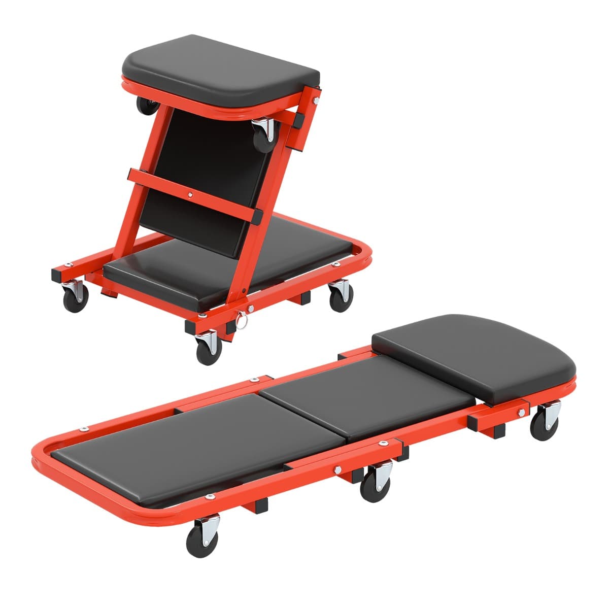 CostwayChariot de Visite Pliable Tabouret d'Atelier Convertible avec Siège Rembourré 6 roulettes Planche de Travail Mécanicien Charge 160 kg Noir