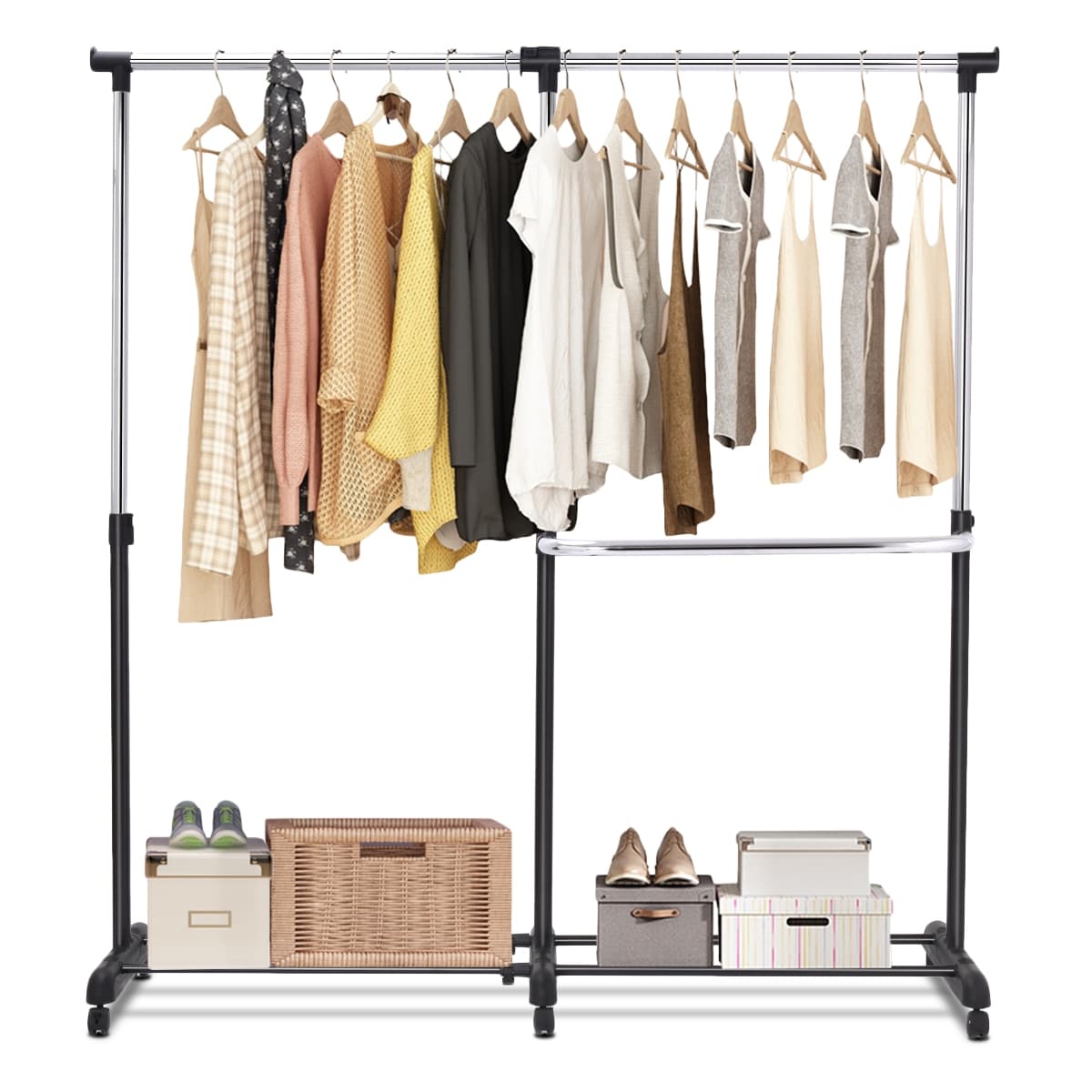 Portant à Vêtement Mobile et Télescopique Hauteur Largeur Réglables Capacité 20kg 91-160x43x93-168cm